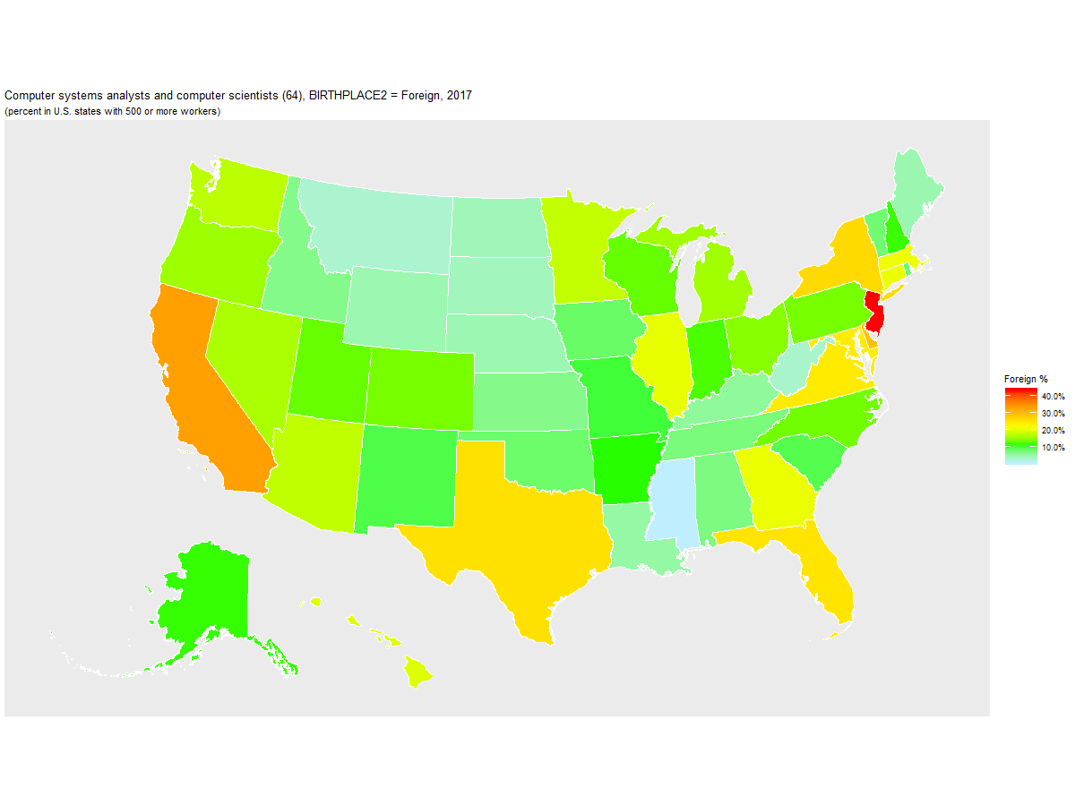Foreign-born Percentage of Computer systems analysts and computer scientists (64) by U.S. State, 2017