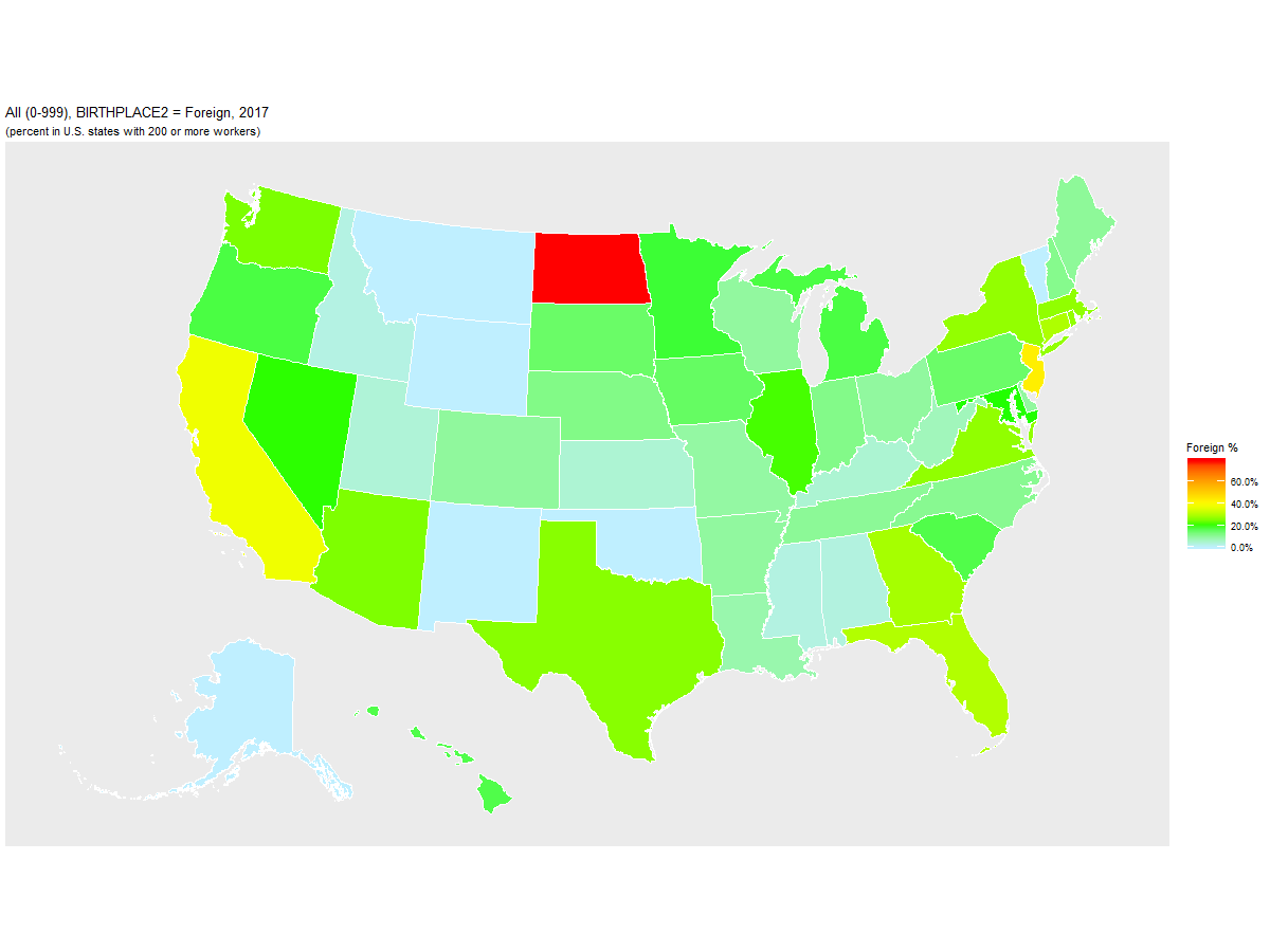 Foreign-born Percentage of Computer and information systems managers (OCC=110) by U.S. State, 2017