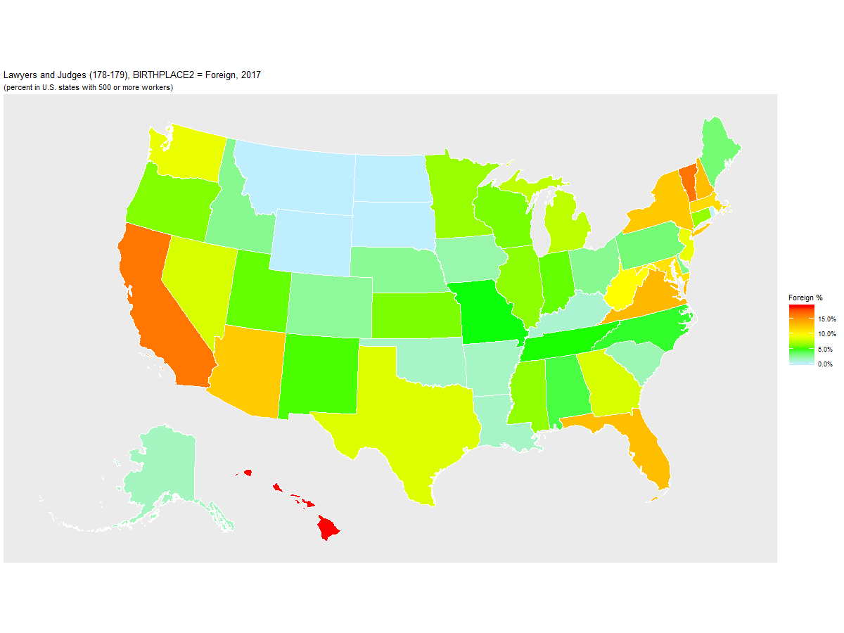 Foreign-born Percentage of Lawyers and Judges (178-179) by U.S. State, 2017