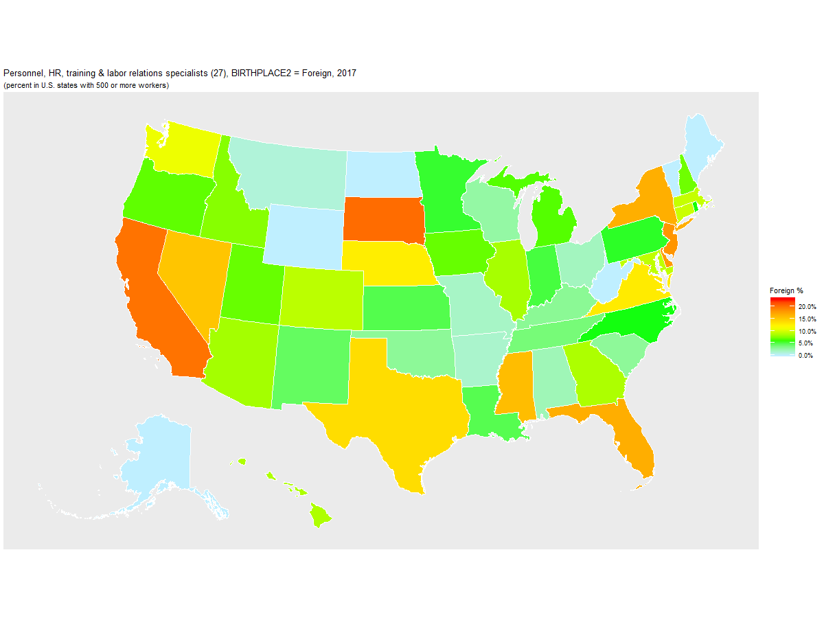 Foreign-born Percentage of Personnel, HR, training & labor relations specialists (27) by U.S. State, 2017