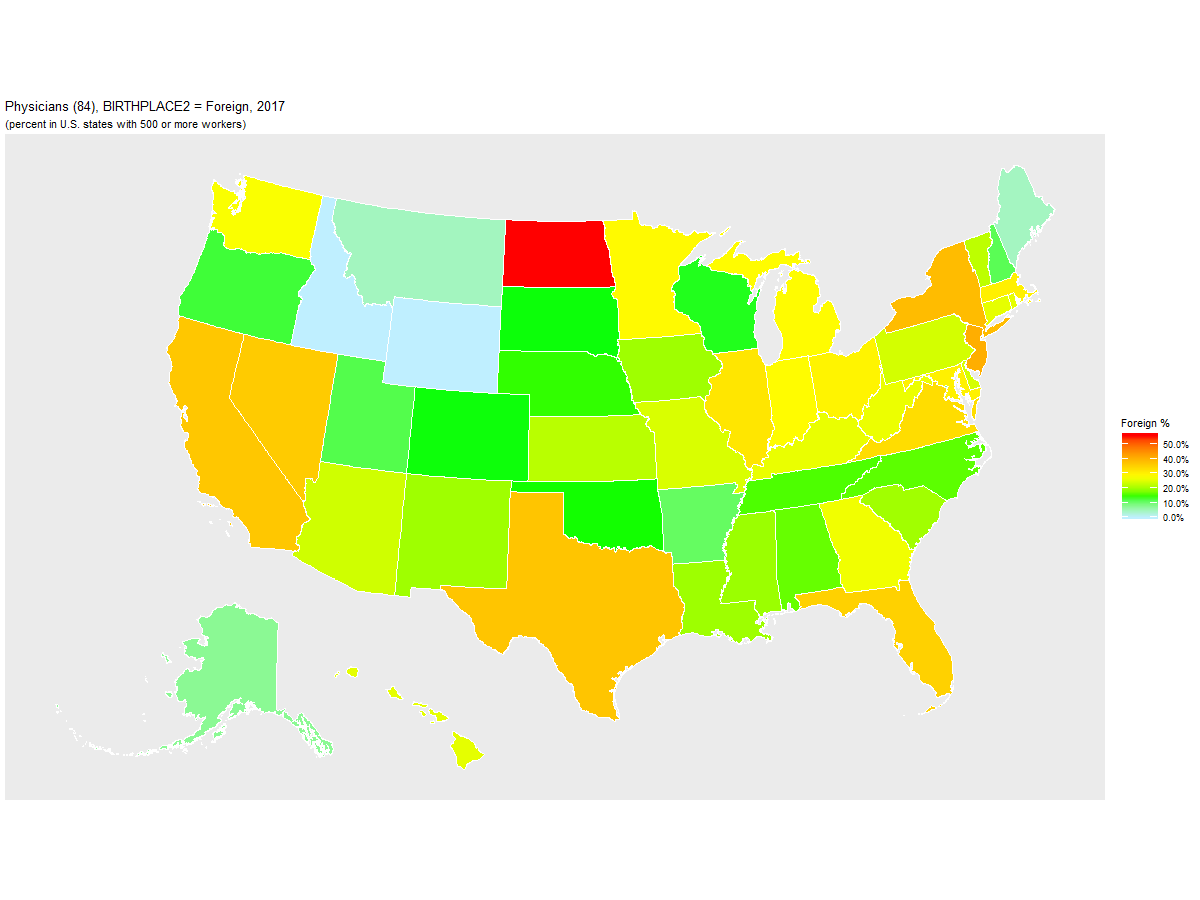 Foreign-born Percentage of Physicians (84) by U.S. State, 2017