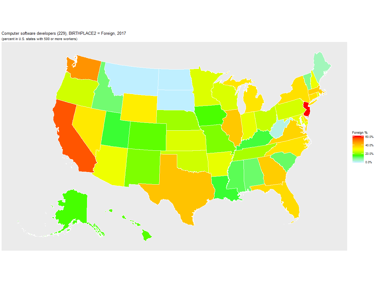 Foreign-born Percentage of Computer Software Developers (229) by U.S. State, 2017