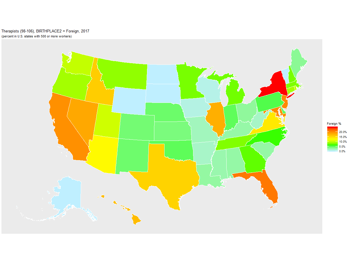 Foreign-born Percentage of Therapists (98-106) by U.S. State, 2017