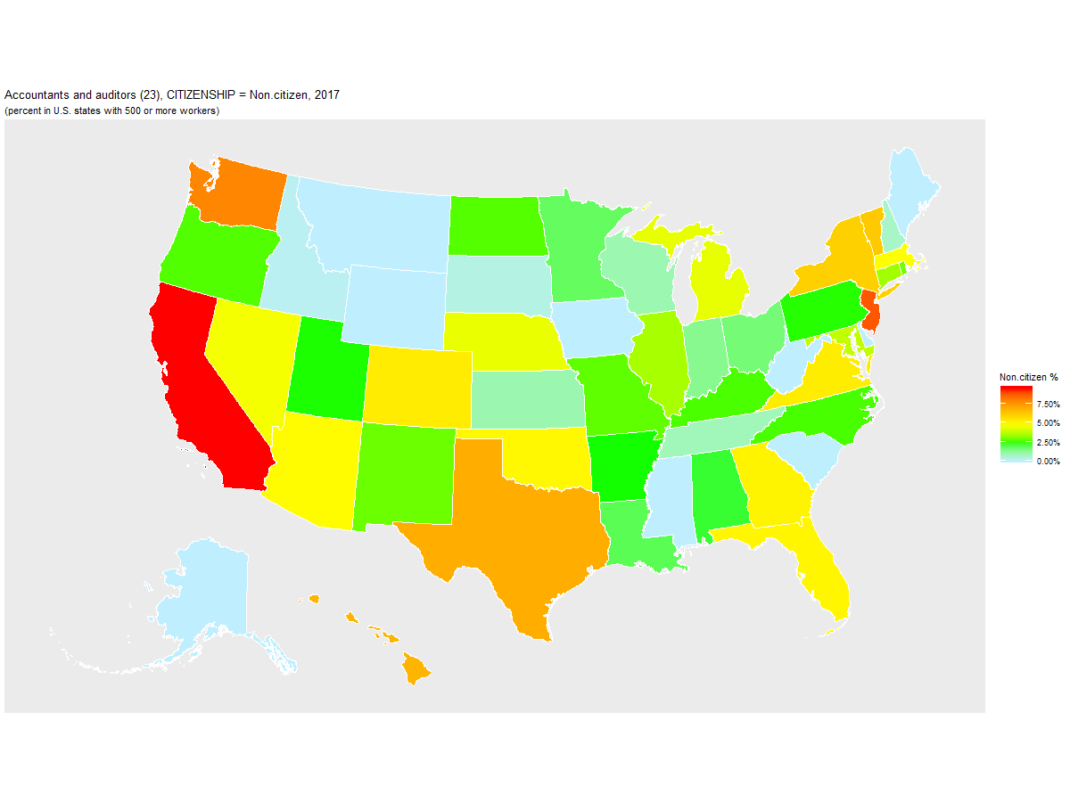 Non-citizen Percentage of Accountants and auditors (23) by U.S. State, 2017
