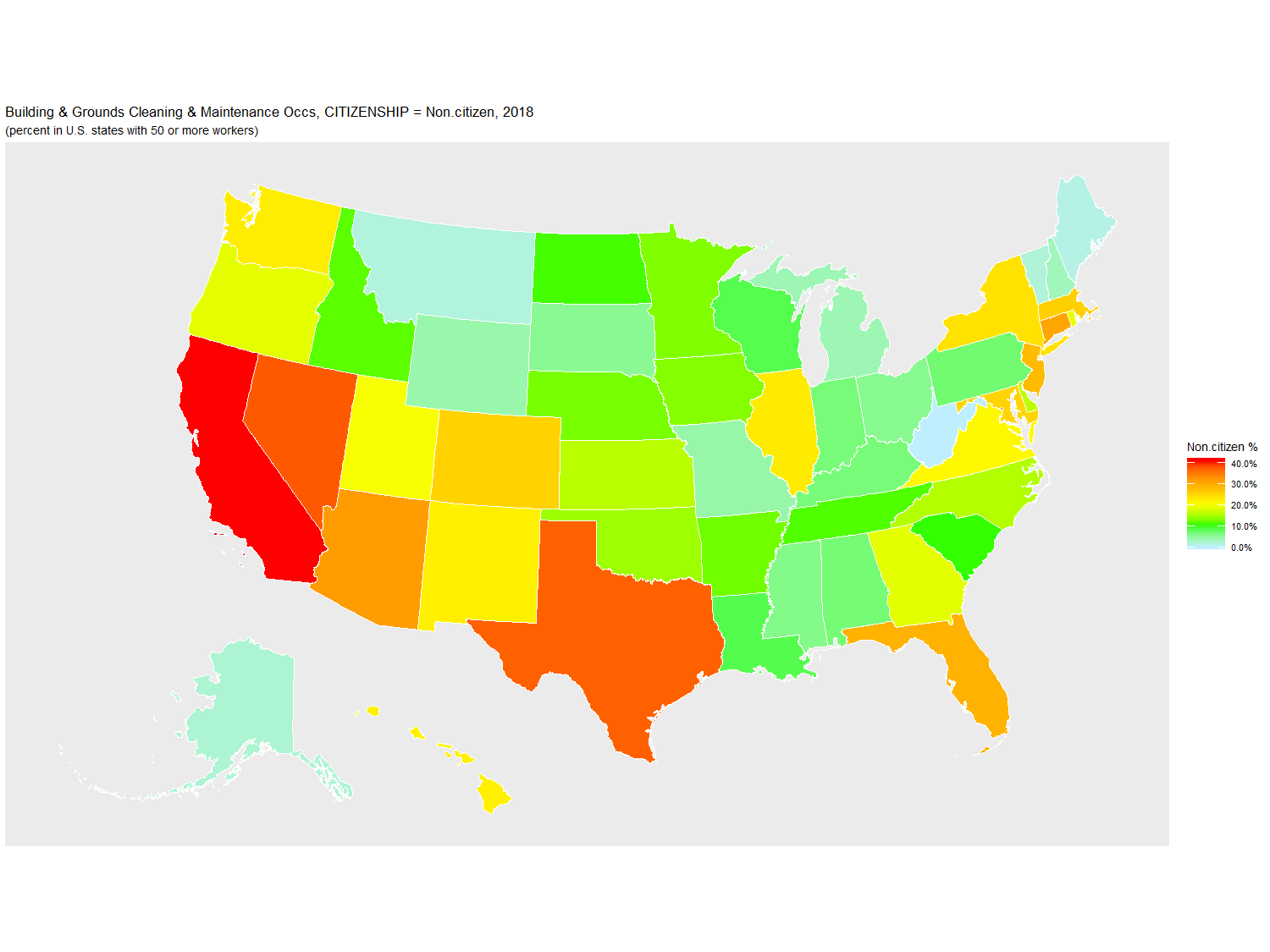 Non-citizen Percentage of Building & Grounds Cleaning & Maintenance Occs by U.S. State, 2018