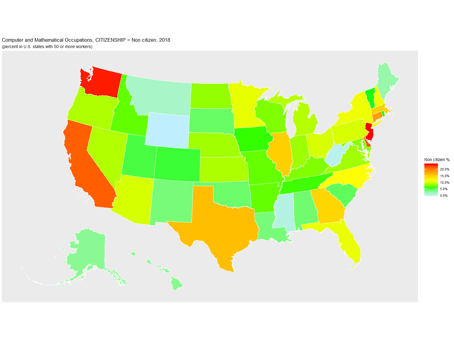 Non-citizen Percentage of Computer and Mathematical Occupations by U.S. State, 2018
