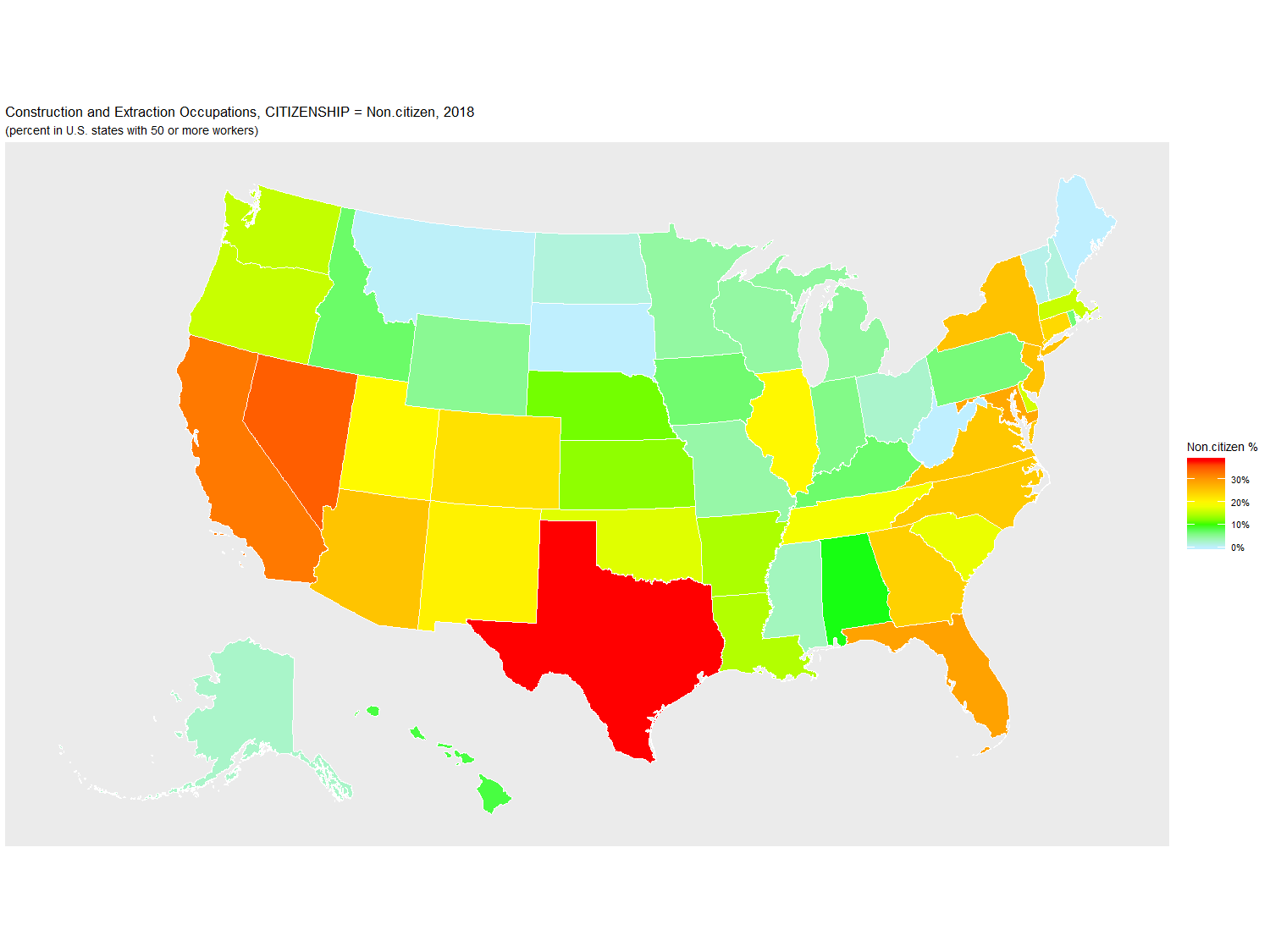 Non-citizen Percentage of Construction and Extraction Occupations by U.S. State, 2018