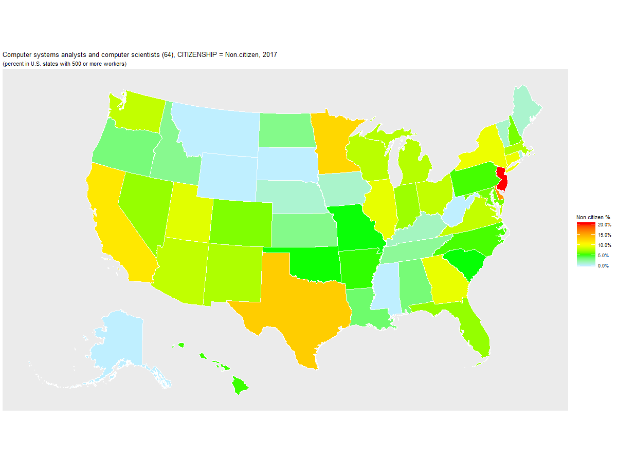 Non-citizen Percentage of Computer systems analysts and computer scientists (64) by U.S. State, 2017