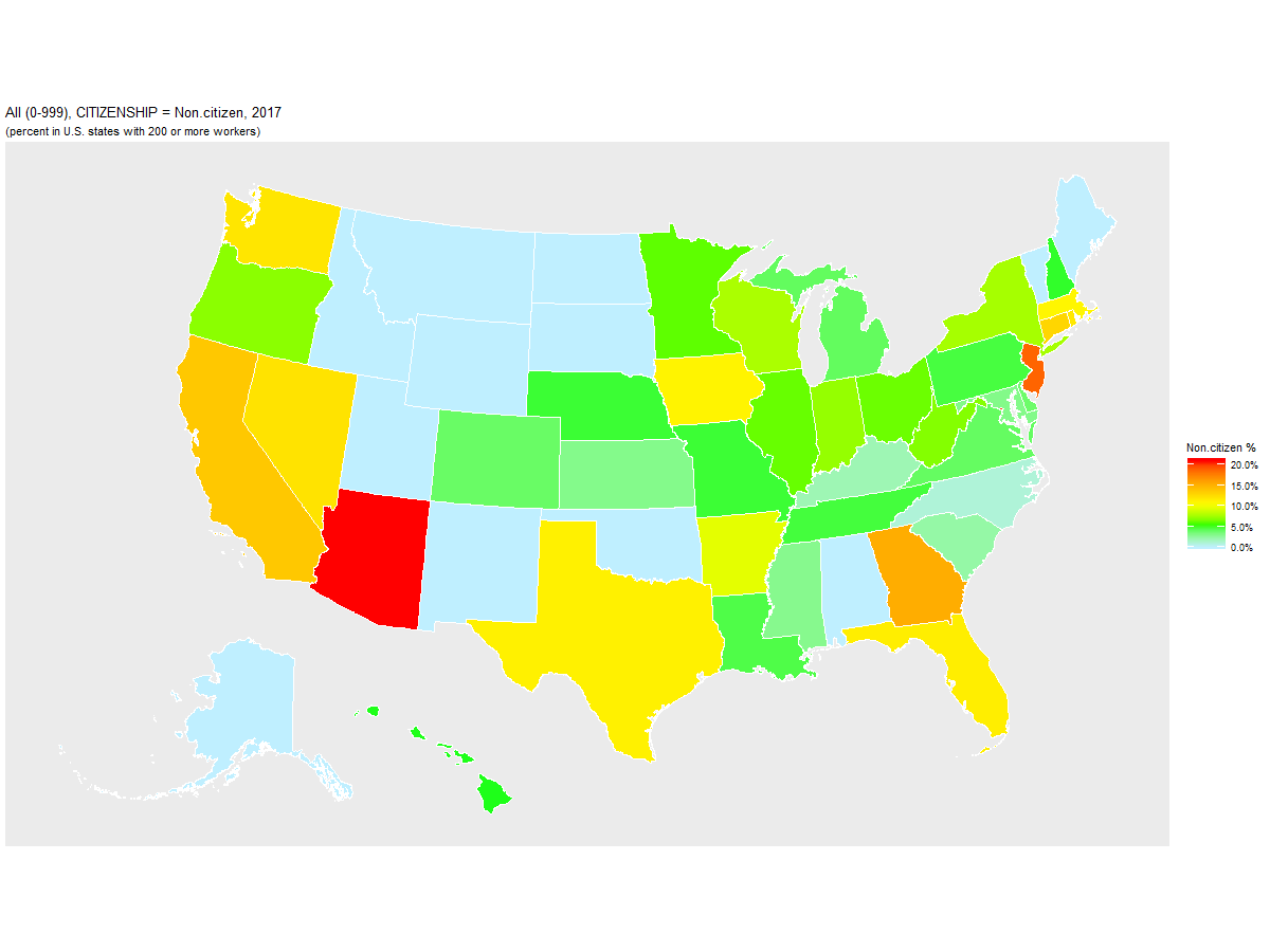 Non-citizen Percentage of Computer and information systems managers (OCC=110) by U.S. State, 2017