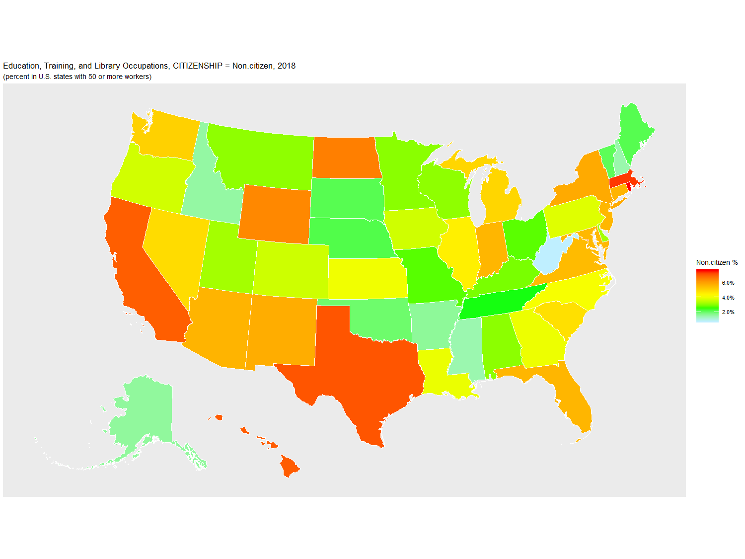 Non-citizen Percentage of Education, Training, and Library Occupations by U.S. State, 2018