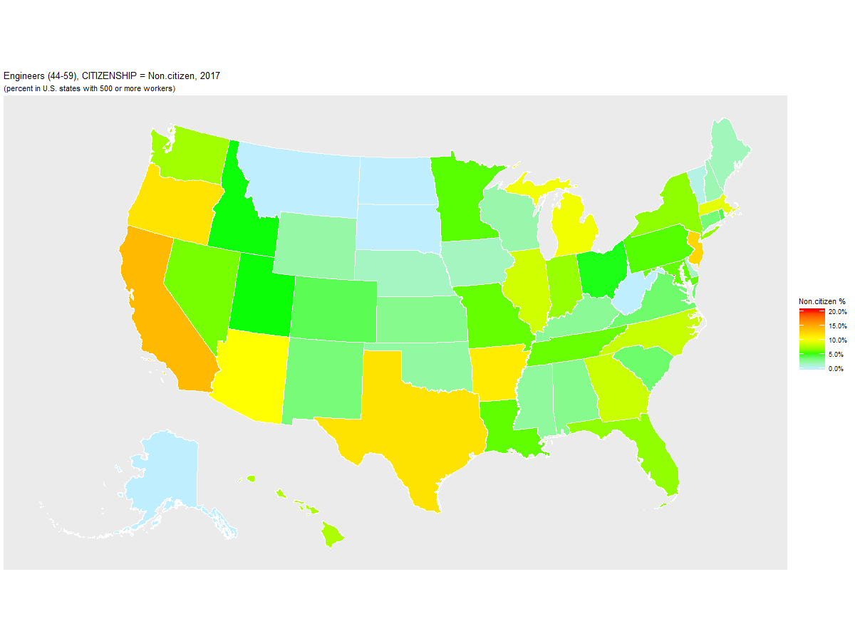 Non-citizen Percentage of Engineers (44-59) by U.S. State, 2017