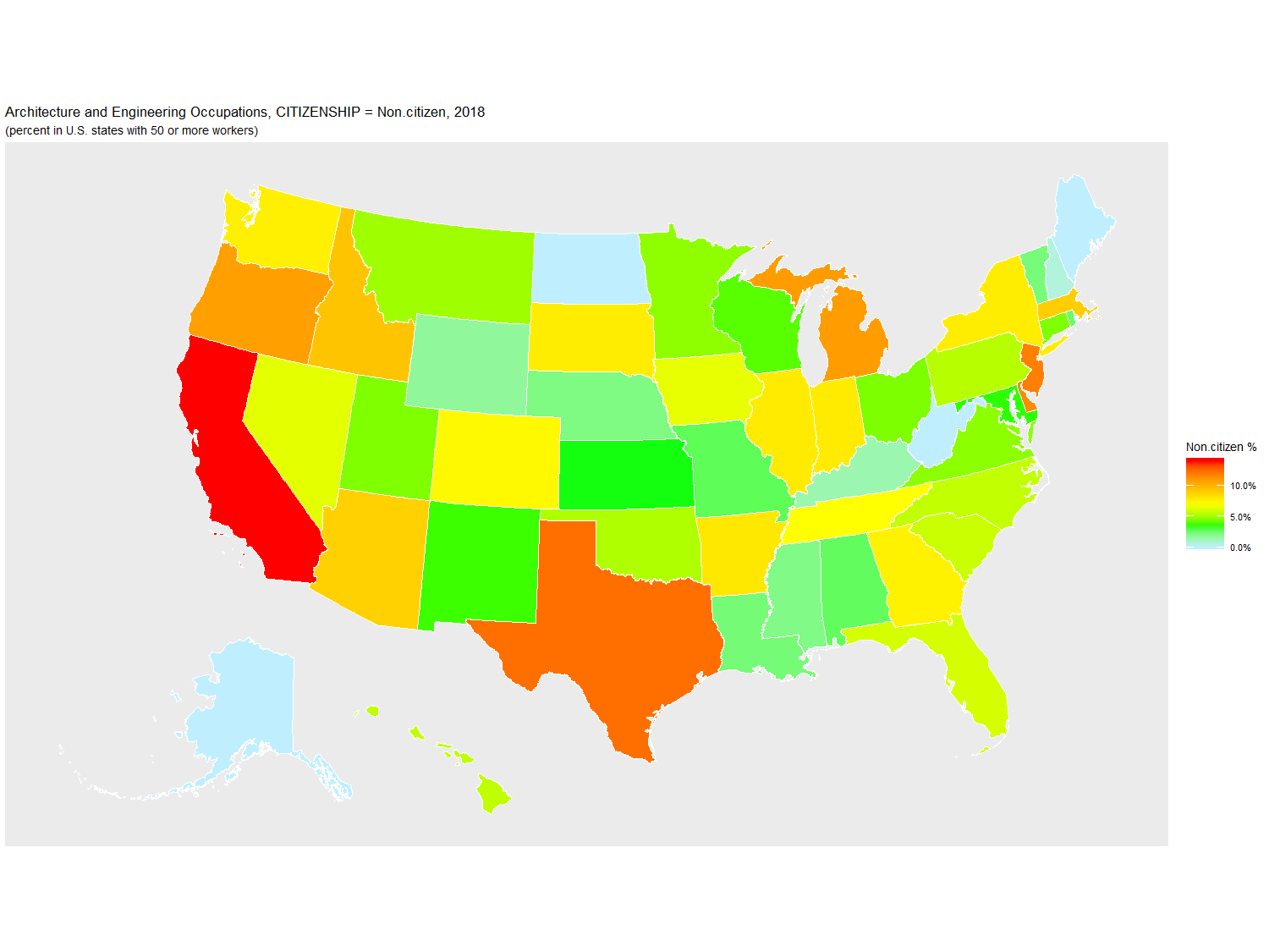Non-citizen Percentage of Architecture and Engineering Occupations by U.S. State, 2018