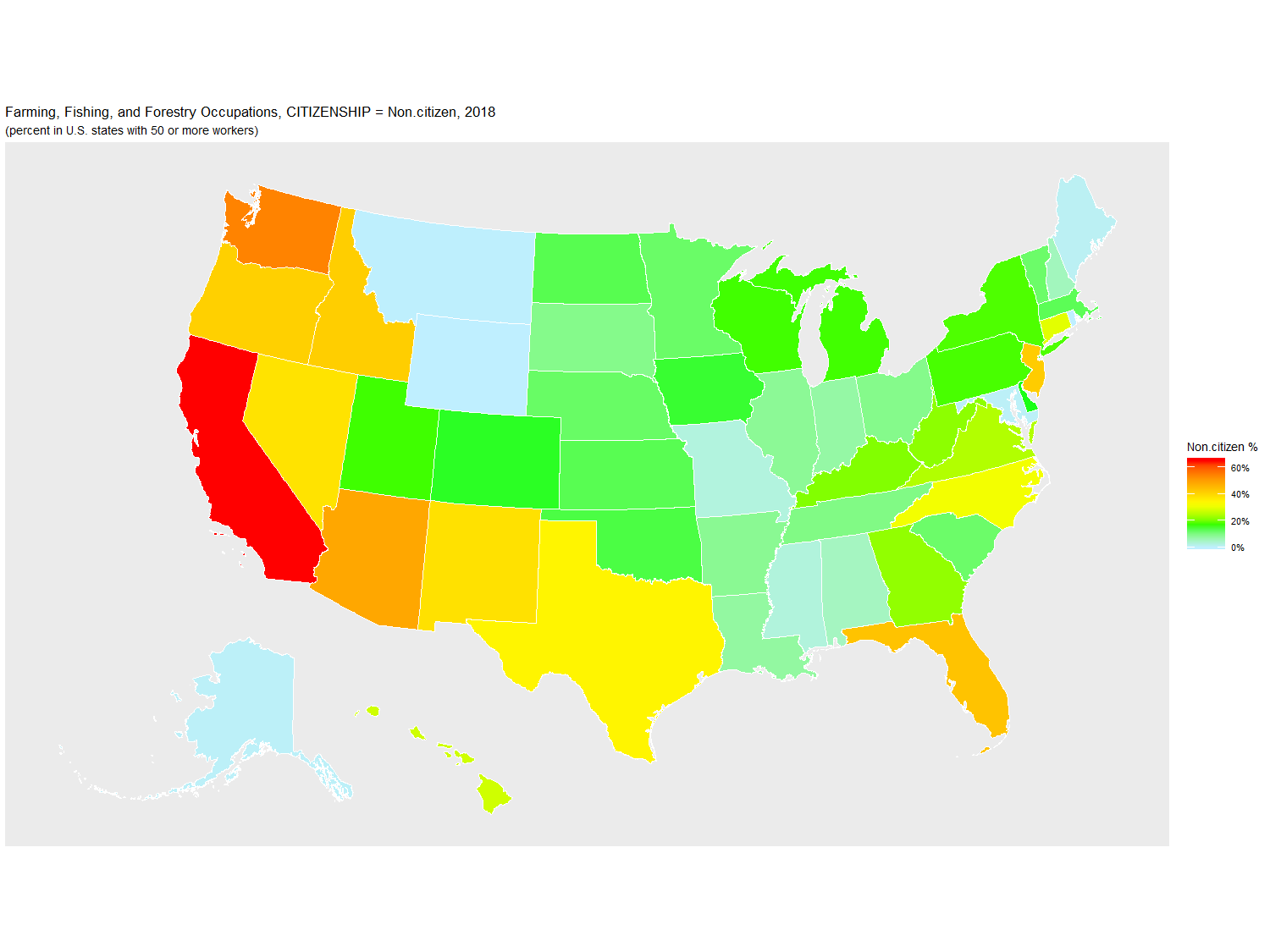 Non-citizen Percentage of Farming, Fishing, and Forestry Occupations by U.S. State, 2018