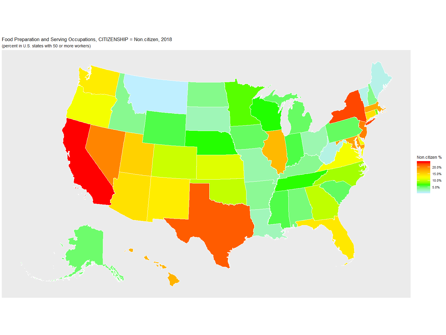 Non-citizen Percentage of Food Preparation and Serving Occupations by U.S. State, 2018