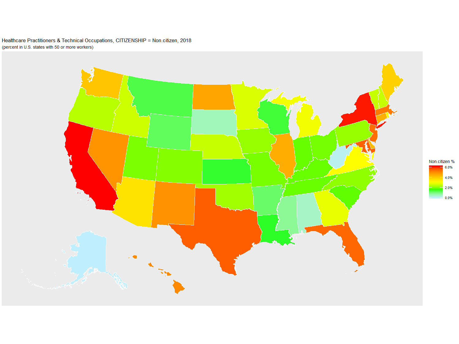 Non-citizen Percentage of Healthcare Practitioners & Technical Occupations by U.S. State, 2018