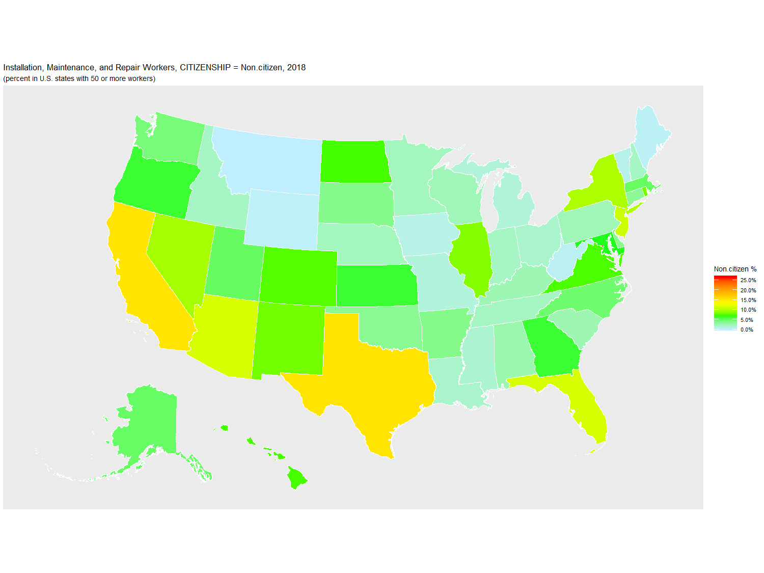 Non-citizen Percentage of Installation, Maintenance, and Repair Workers by U.S. State, 2018