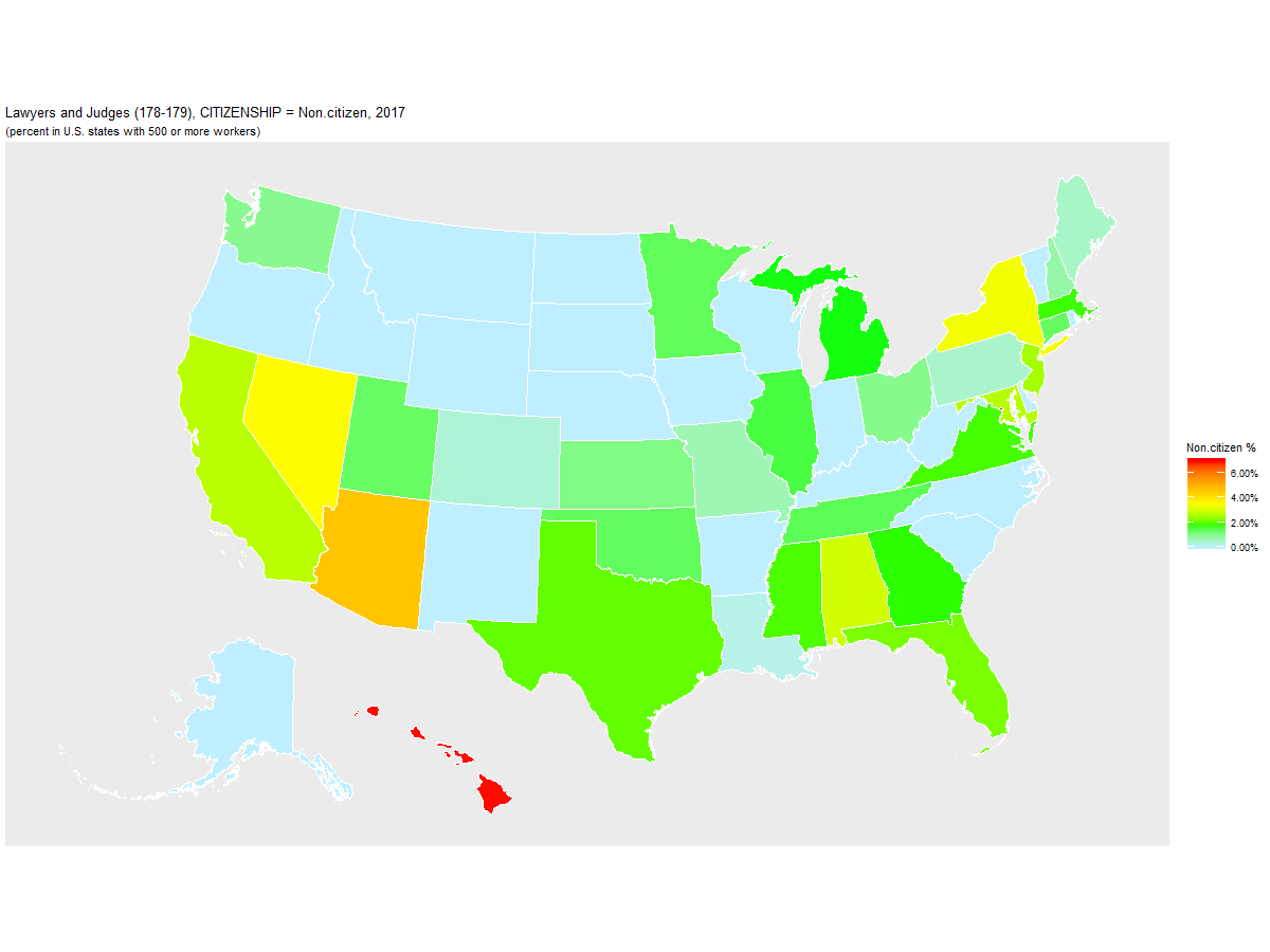 Non-citizen Percentage of Lawyers and Judges (178-179) by U.S. State, 2017
