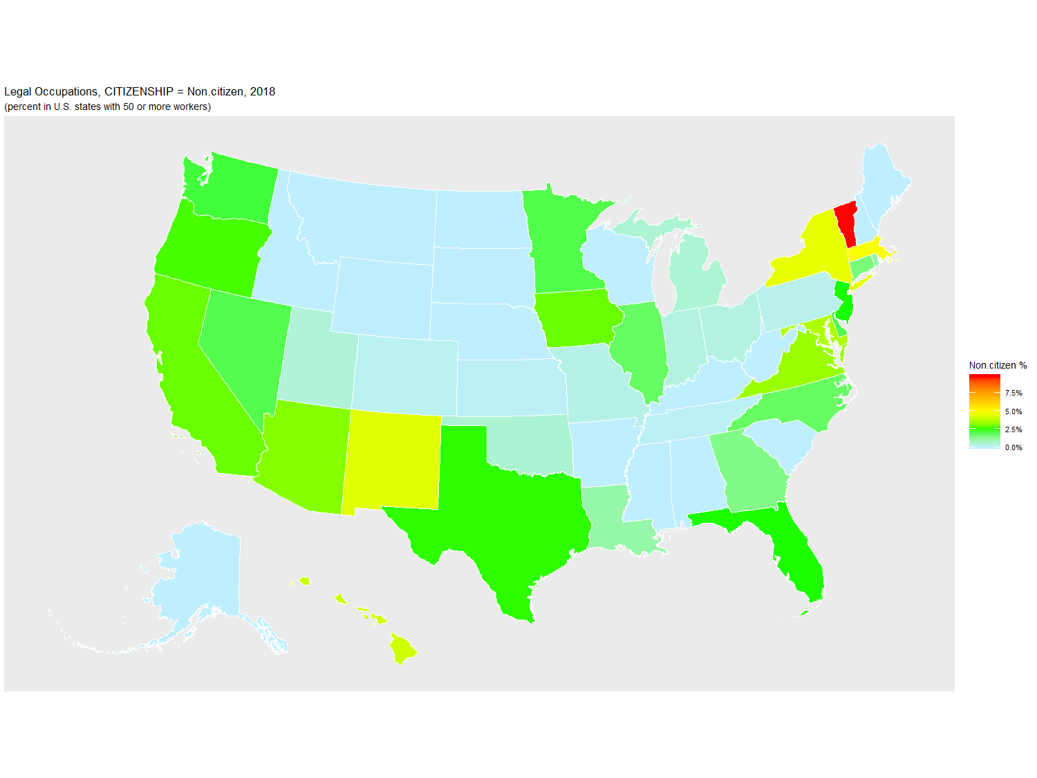 Non-citizen Percentage of Legal Occupations by U.S. State, 2018