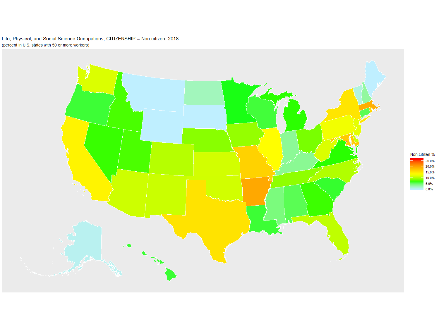 Non-citizen Percentage of Life, Physical, and Social Science Occupations by U.S. State, 2018