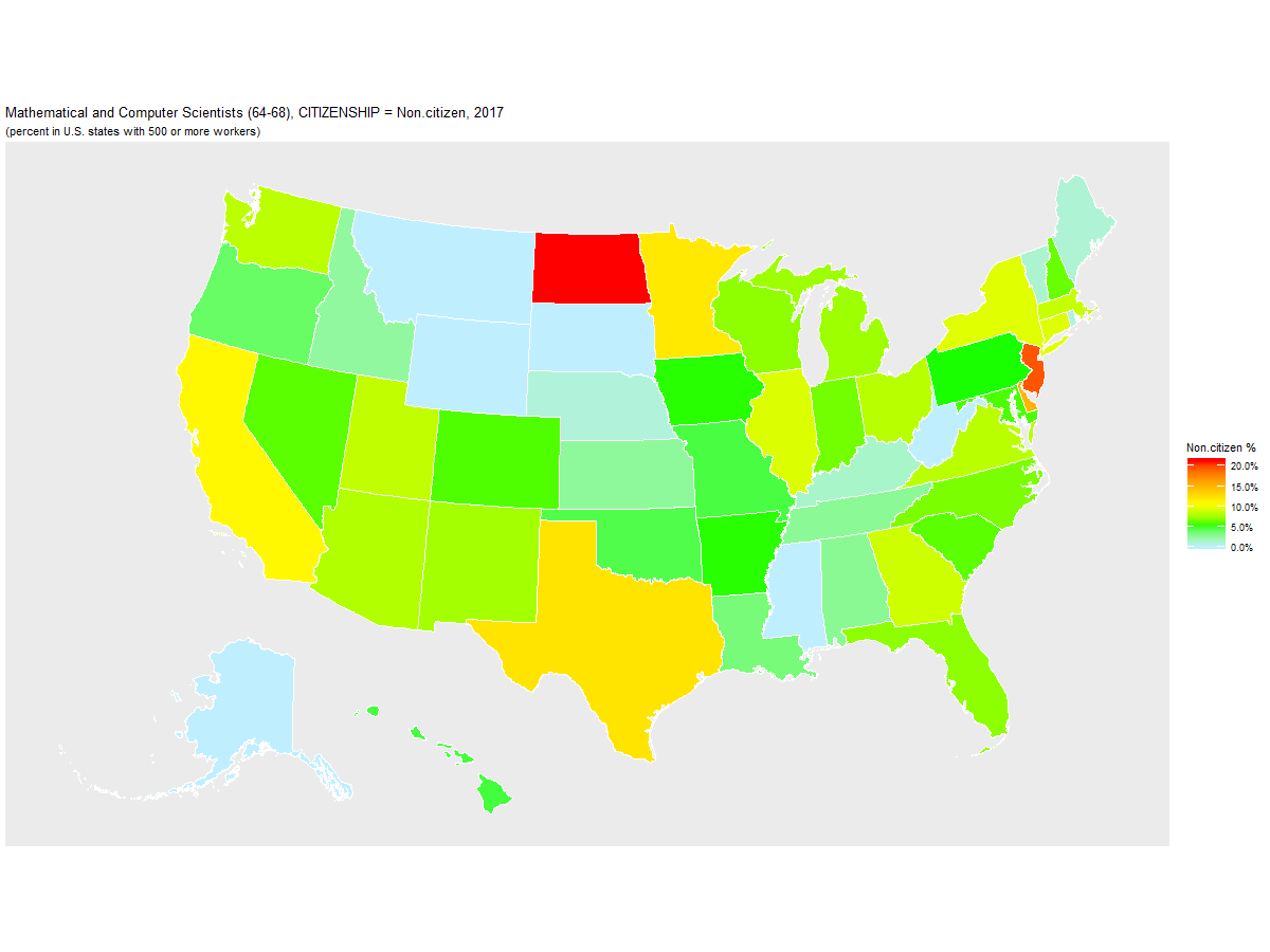 Non-citizen Percentage of Mathematical and Computer Scientists (64-68) by U.S. State, 2017