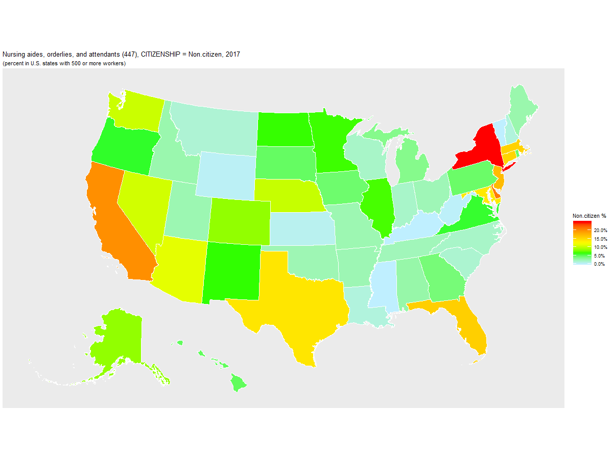 Non-citizen Percentage of Nursing aides, orderlies, and attendants (447) by U.S. State, 2017