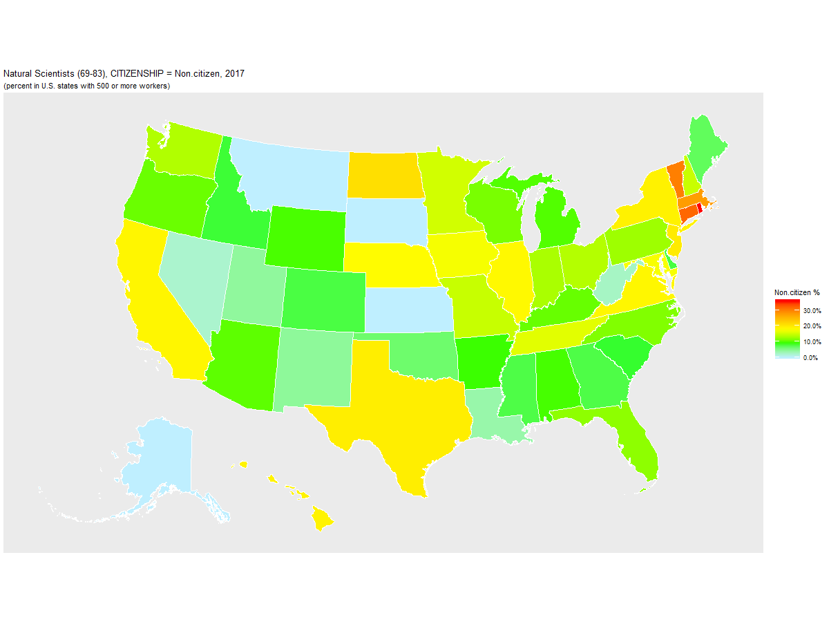 Non-citizen Percentage of Natural Scientists (69-83) by U.S. State, 2017