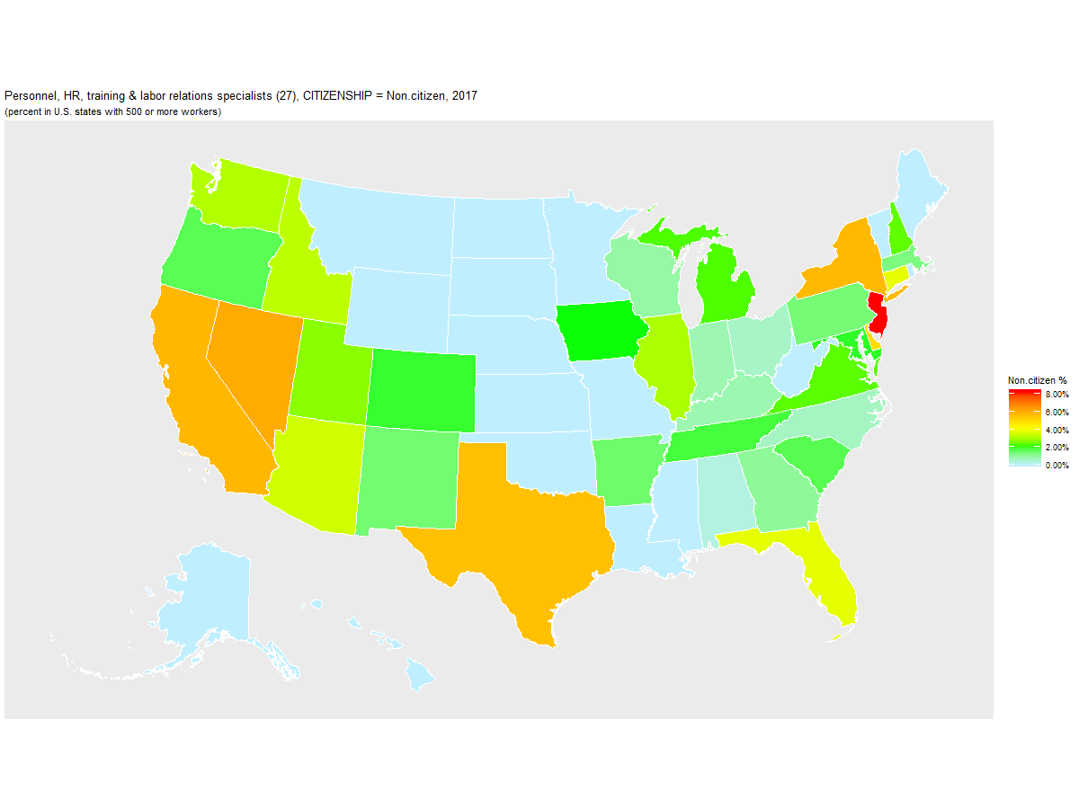 Non-citizen Percentage of Personnel, HR, training & labor relations specialists (27) by U.S. State, 2017