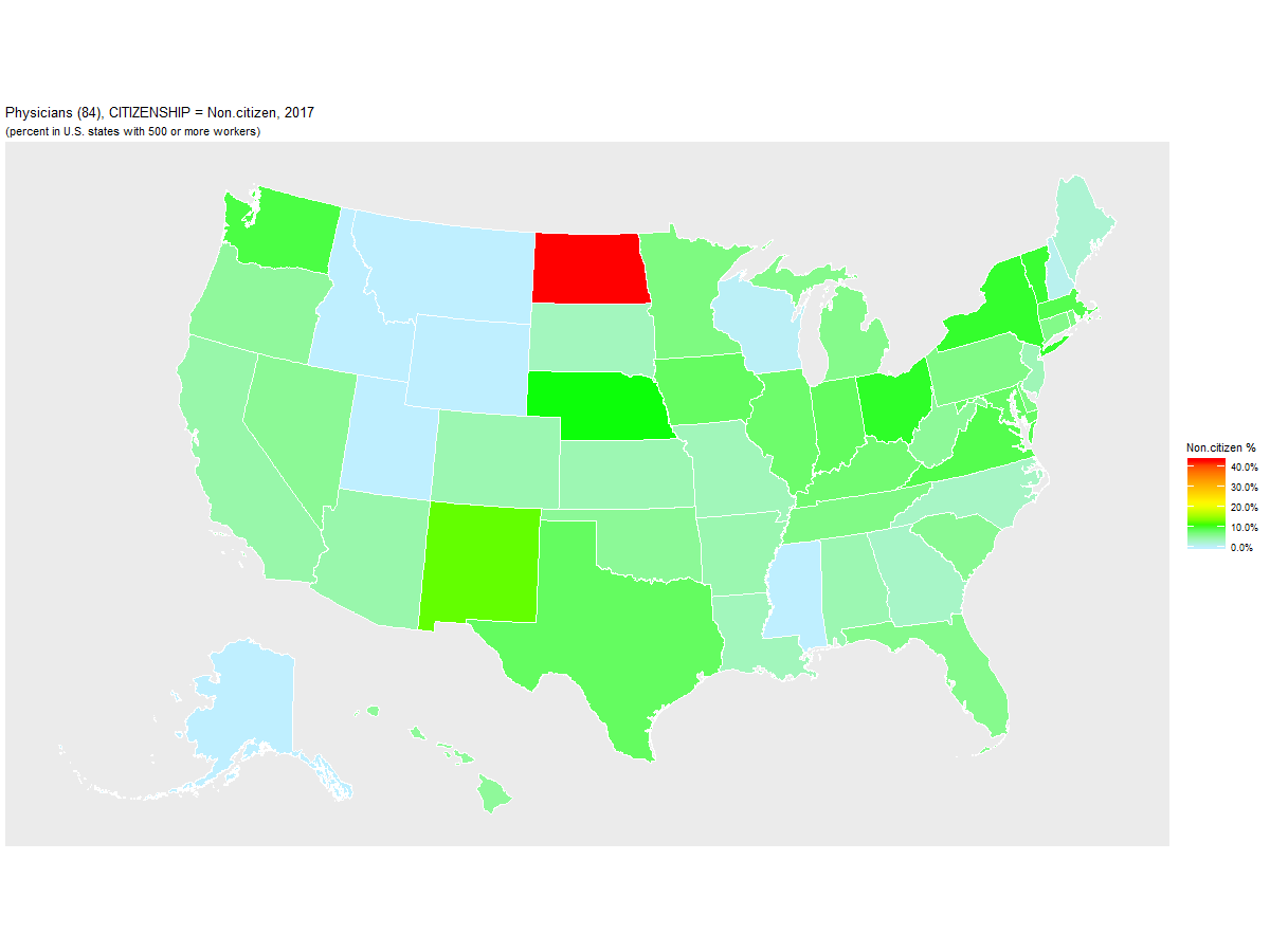 Non-citizen Percentage of Physicians (84) by U.S. State, 2017