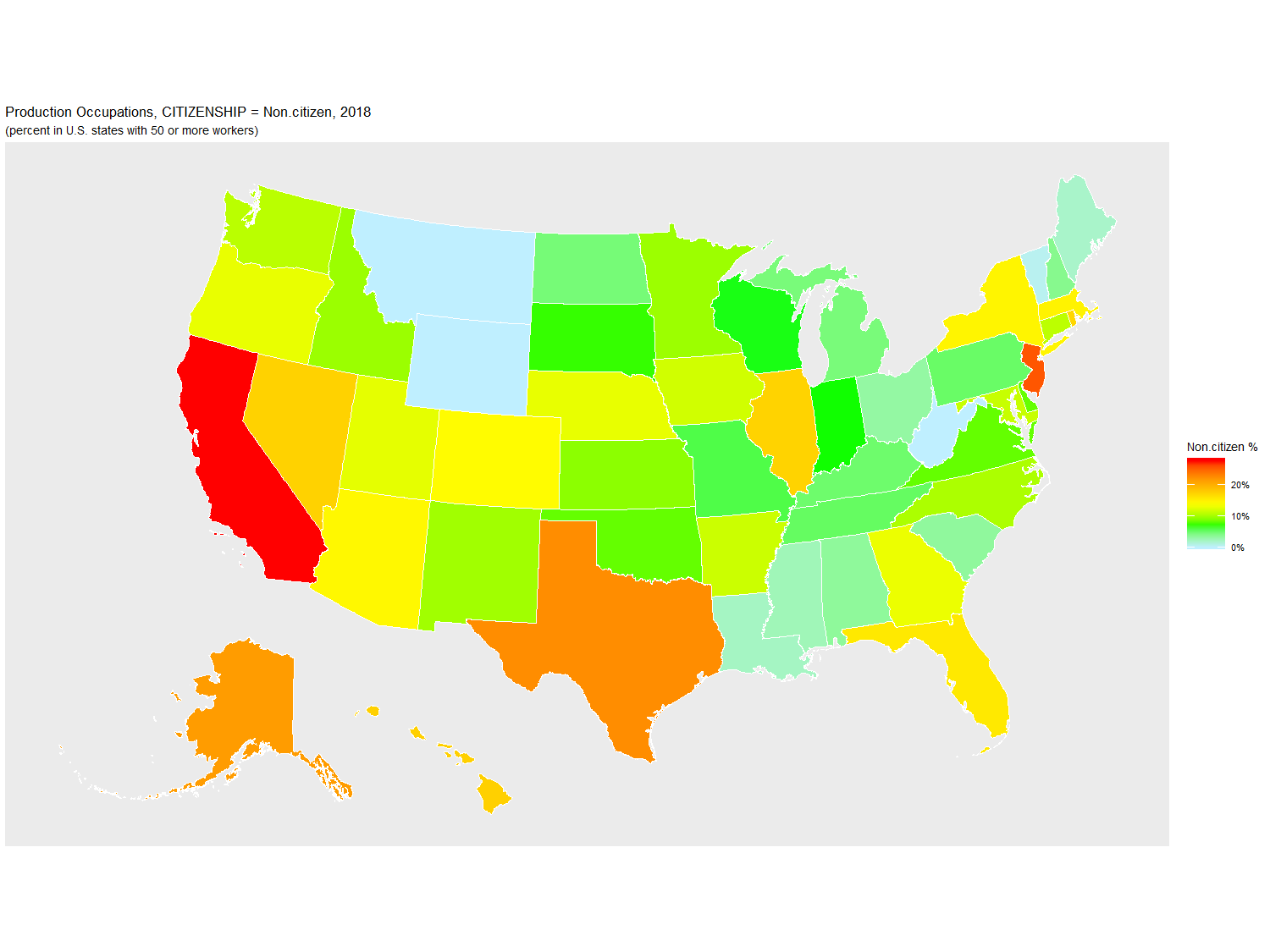 Non-citizen Percentage of Production Occupations by U.S. State, 2018
