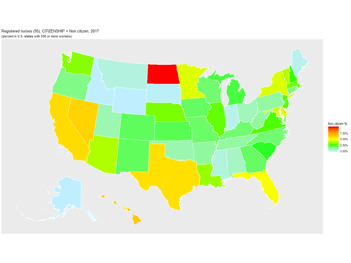 Non-citizen Percentage of Registered nurses (95) by U.S. State, 2017
