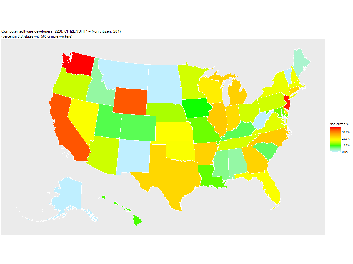 Non-citizen Percentage of Computer Software Developers (229) by U.S. State, 2017