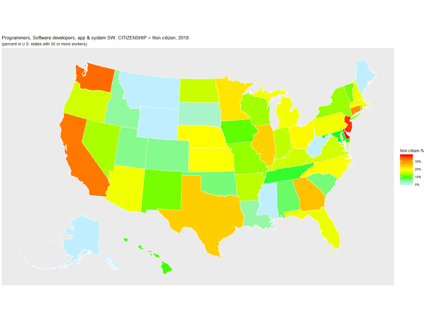 Non-citizen Percentage of Programmers, Software developers, app & system SW by U.S. State, 2018