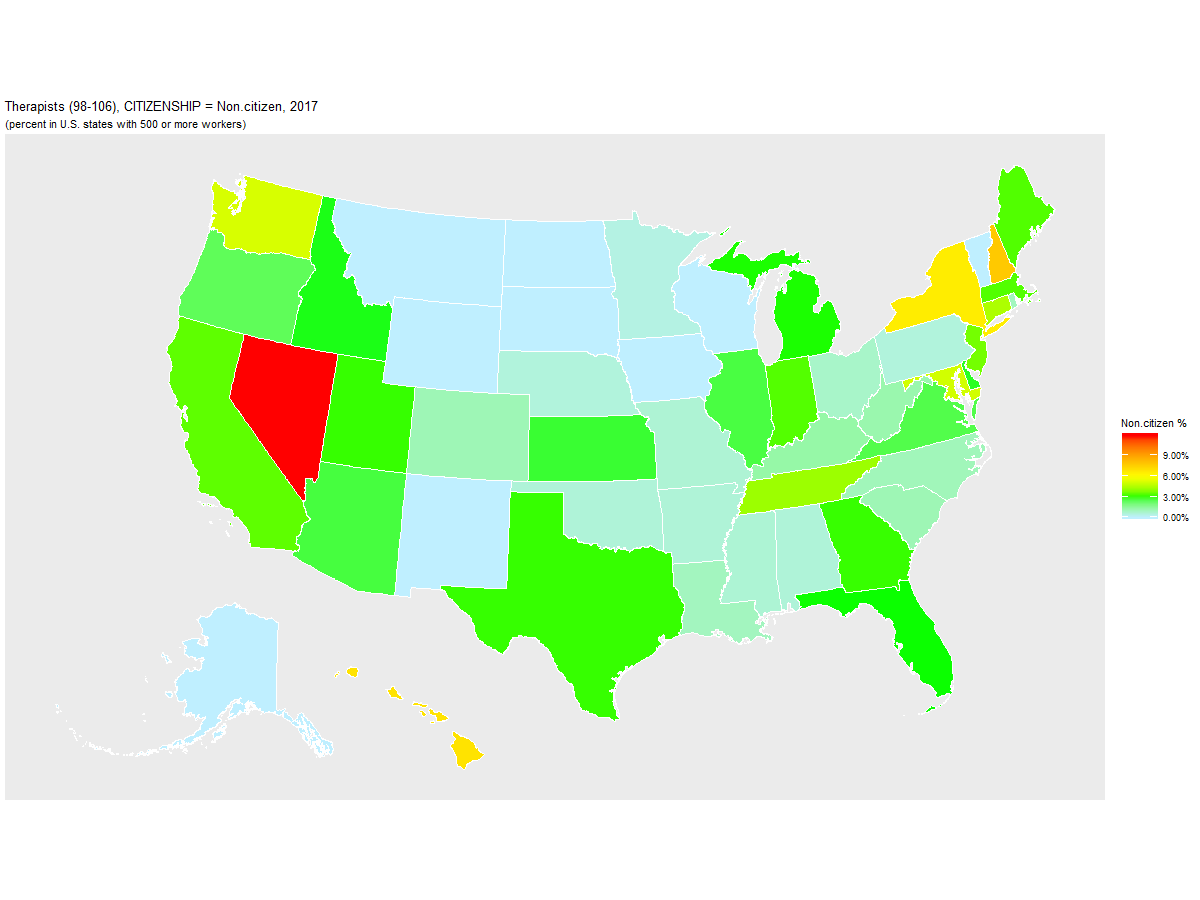 Non-citizen Percentage of Therapists (98-106) by U.S. State, 2017