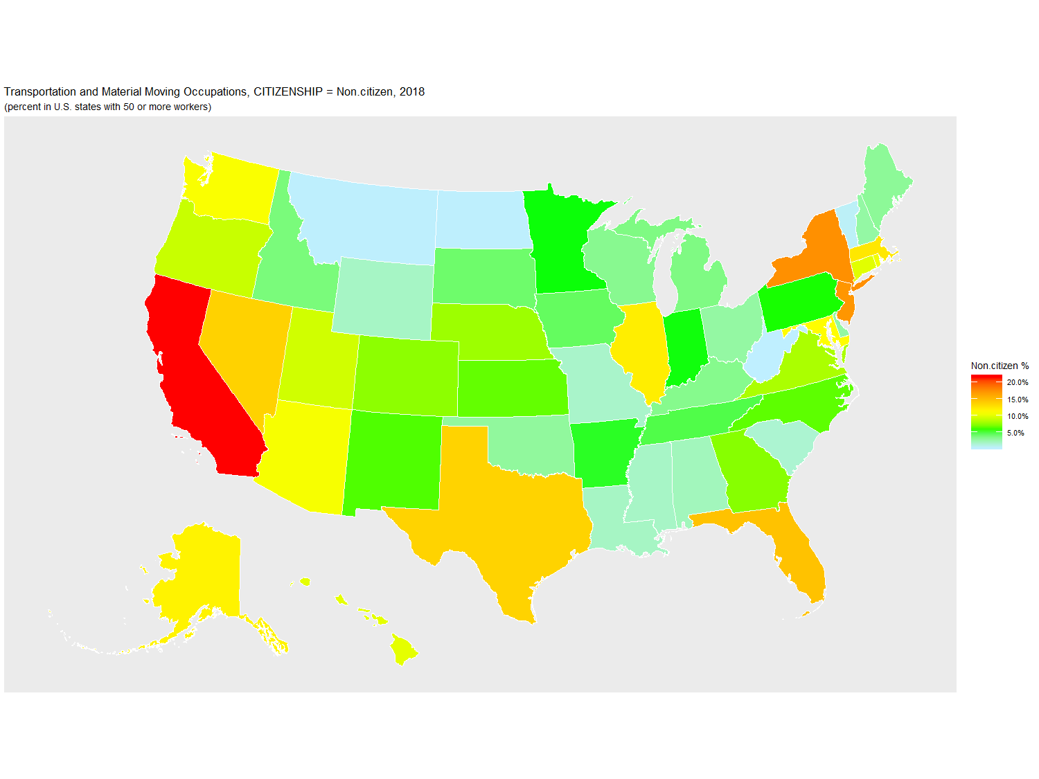 Non-citizen Percentage of Transportation and Material Moving Occupations by U.S. State, 2018