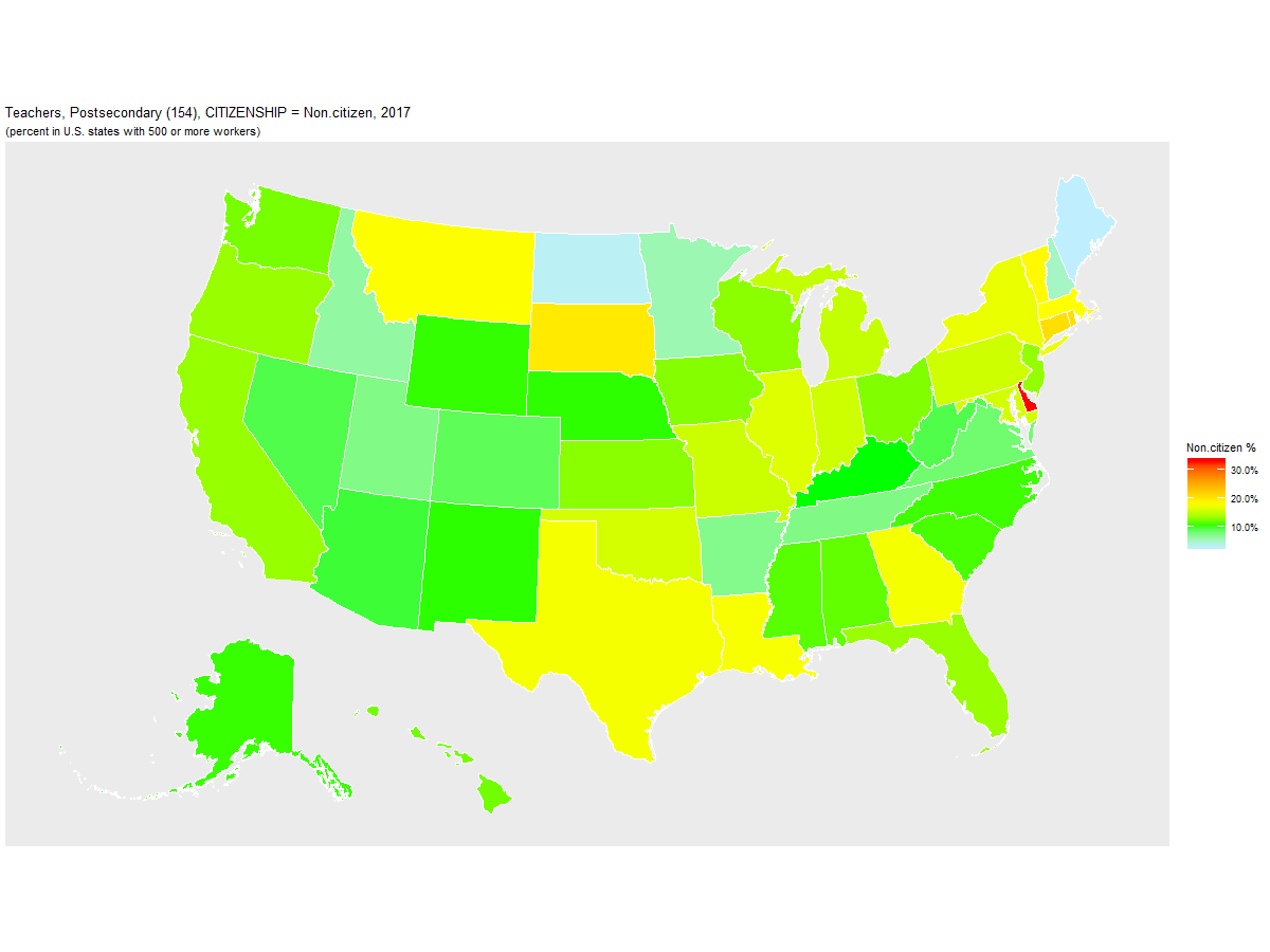 Non-citizen Percentage of Teachers, Postsecondary (154) by U.S. State, 2017