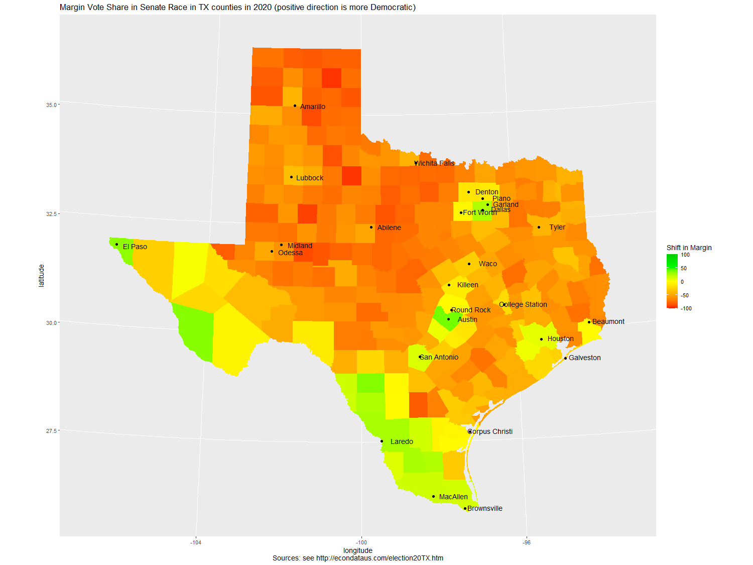 Map of Vote Share in Senate Race in TX counties in 2020 - Margin