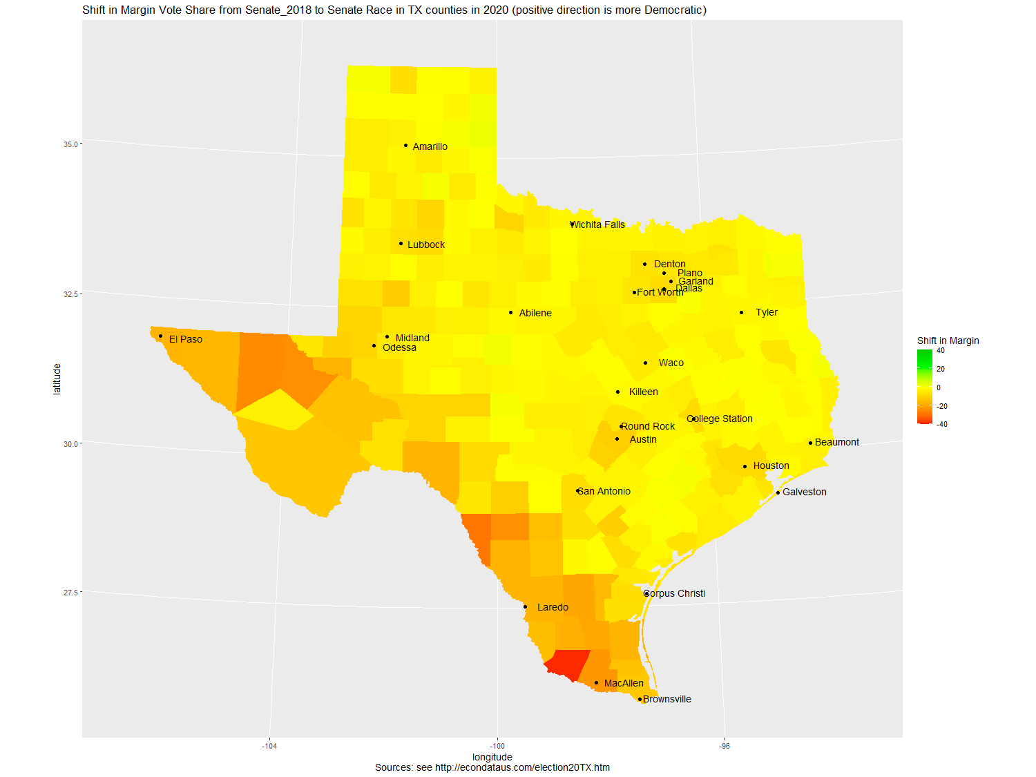 Map of Shift in Vote Share from Senate_2018 to Senate_2020 Race in TX counties in 2020 - Margin