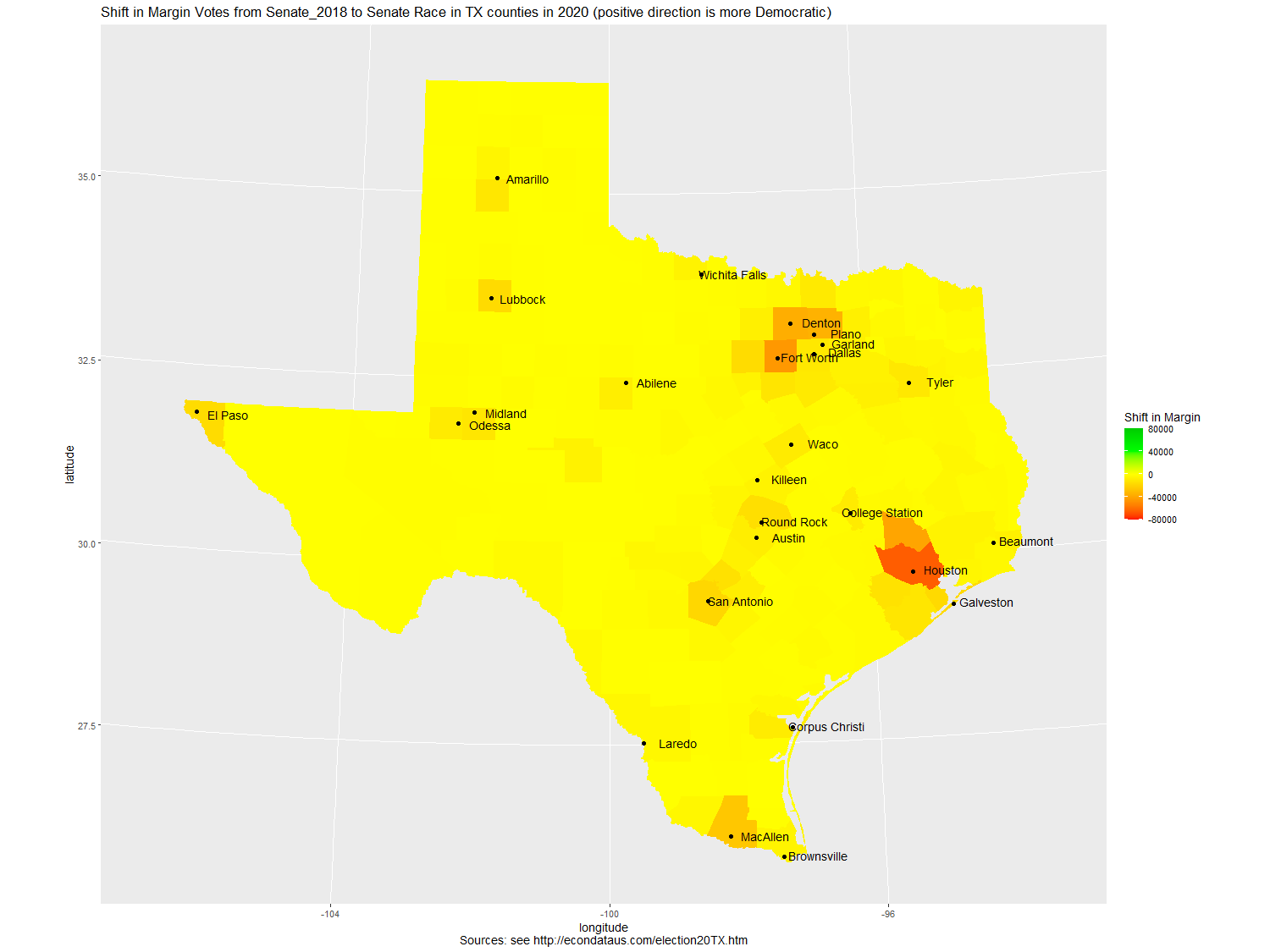 Map of Shift in Votes from Senate_2018 to Senate_2020 Race in TX counties in 2020 - Margin