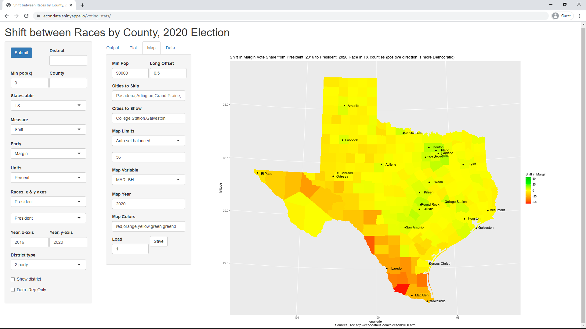 Shift in Vote Share from President_2016 to President_2020 Race in TX counties (Map)