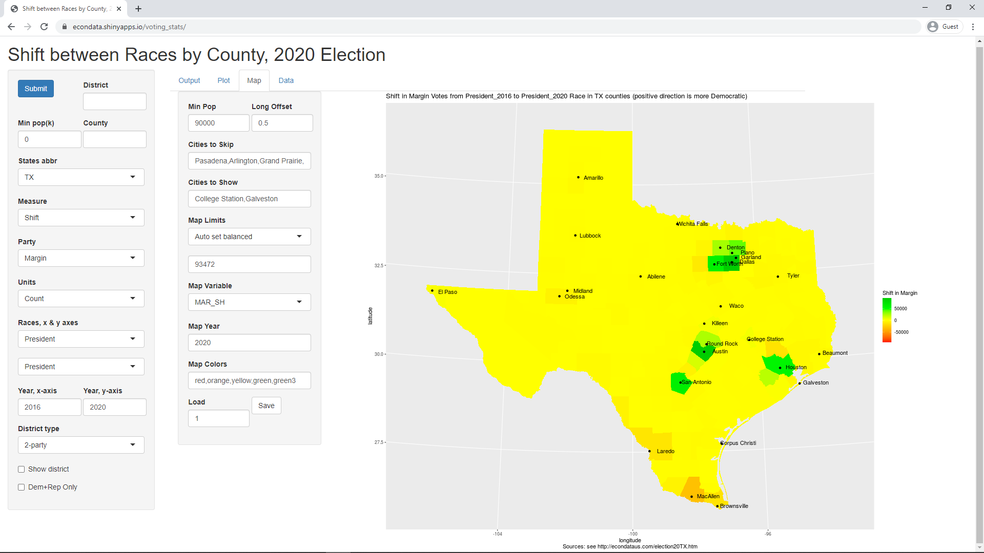 Shift in Vote Share from President_2016 to President_2020 Race in TX counties (Map Count)