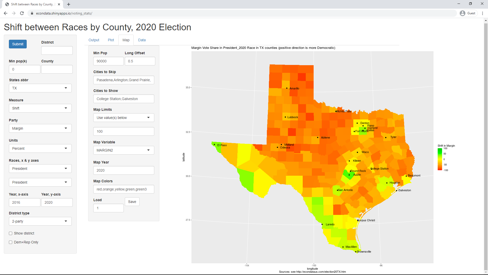 Shift in Vote Share from President_2016 to President_2020 Race in TX counties (Map Margin2)
