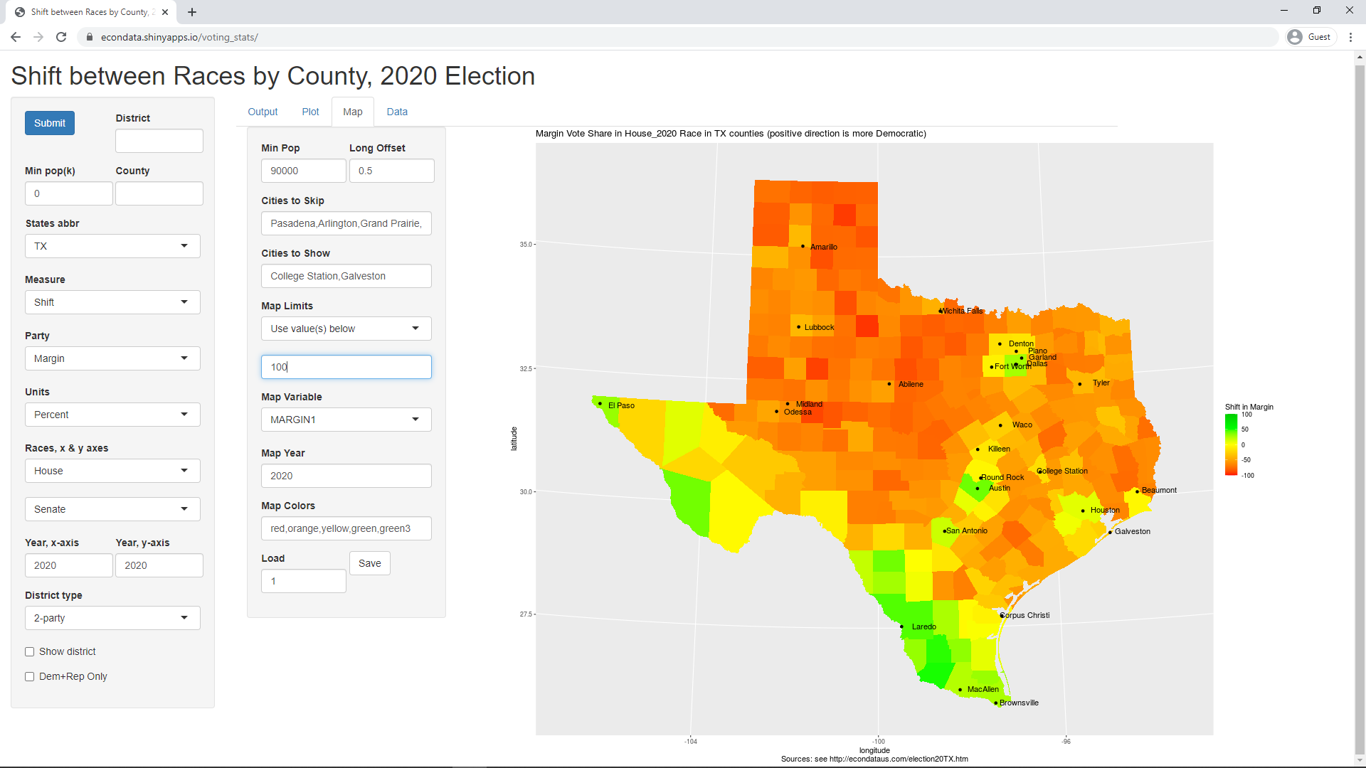 Shift in Vote Share from House_2020 to Senate_2020 Race in TX counties (Map House)