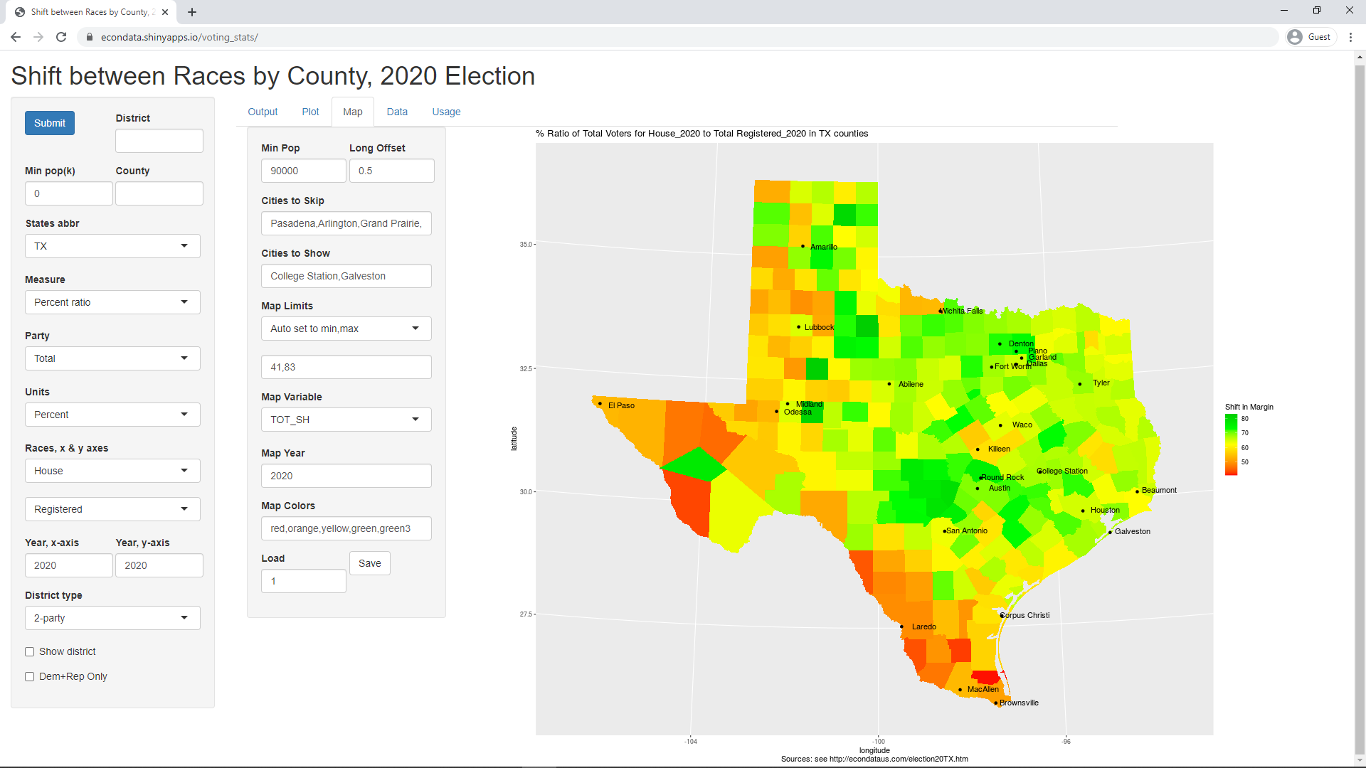 Percent ratio of Voters for House_2020 to Registered_2020 Voters in TX counties (Percent)