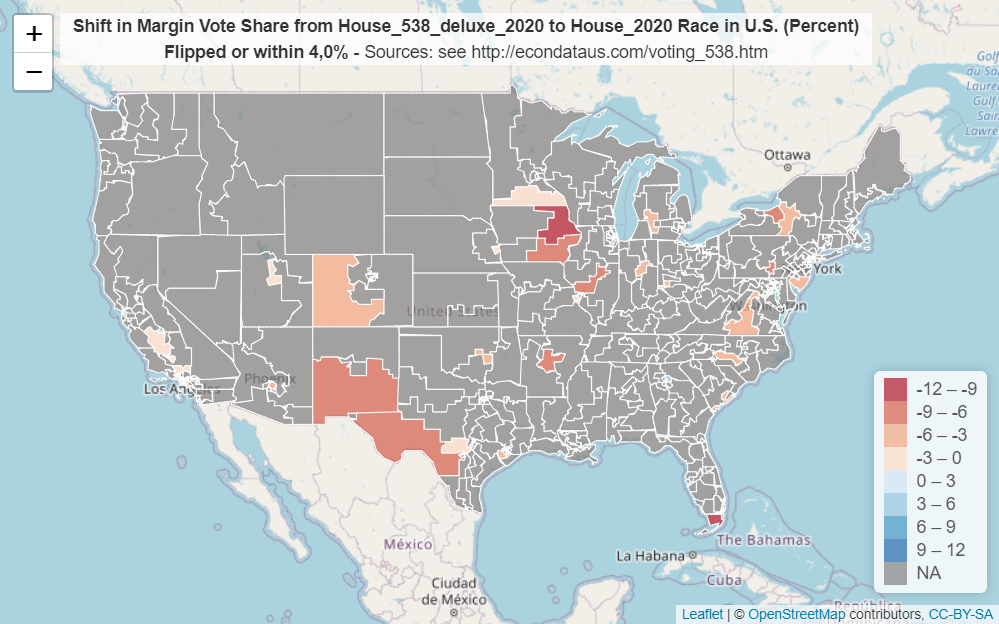 Shift in Margin Vote Share from House_538_deluxe_2020 to House_2020 Race in U.S. - flipped or predicted to be within 4%